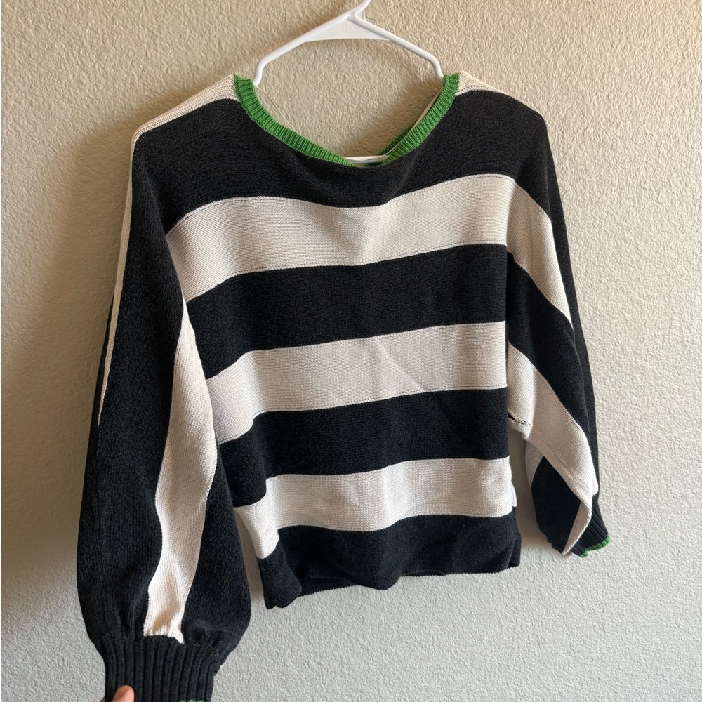 Maeve Anthropologie Slouchy Boatneck Black & White Striped Sweater Green Touch - Picture 9 of 10